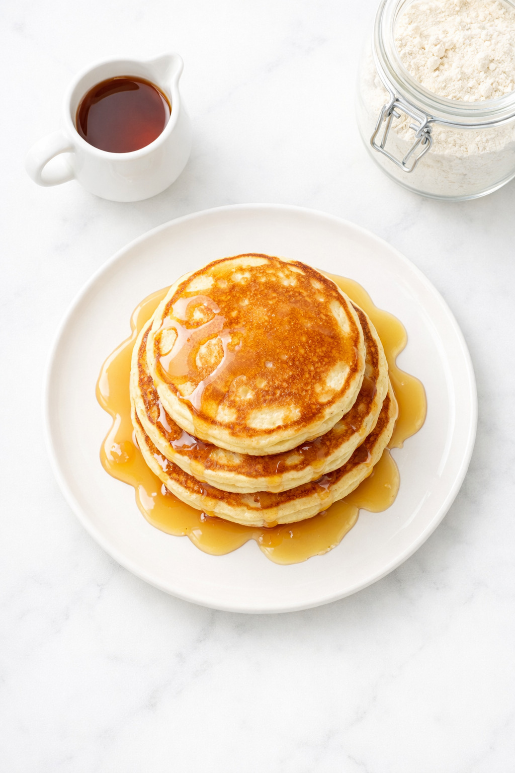 Overhead view of fluffy homemade pancakes with maple syrup on a white plate
