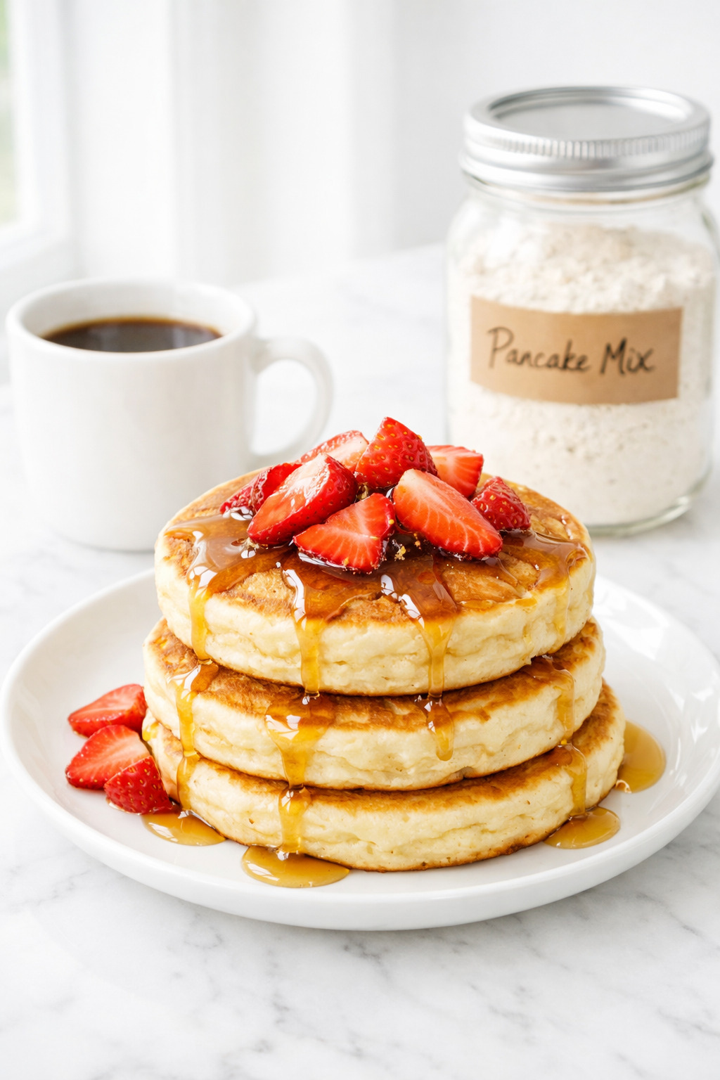 Fluffy homemade pancakes served with fresh strawberries and maple syrup