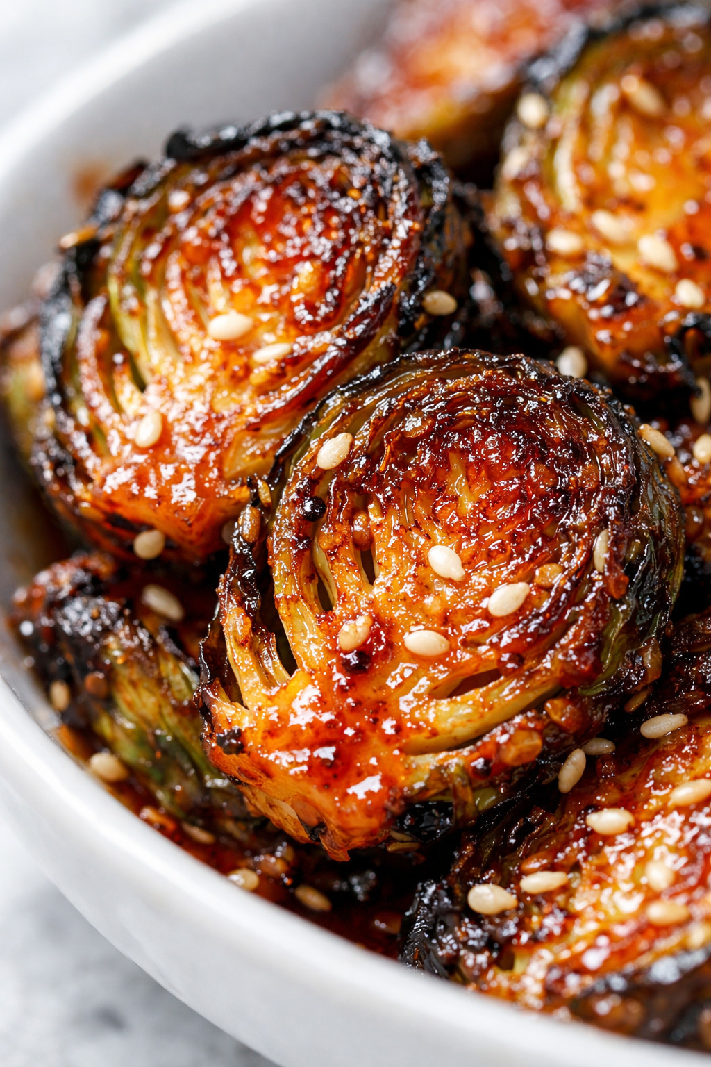 Closeup of caramelized honey sriracha Brussels sprouts showing crispy edges