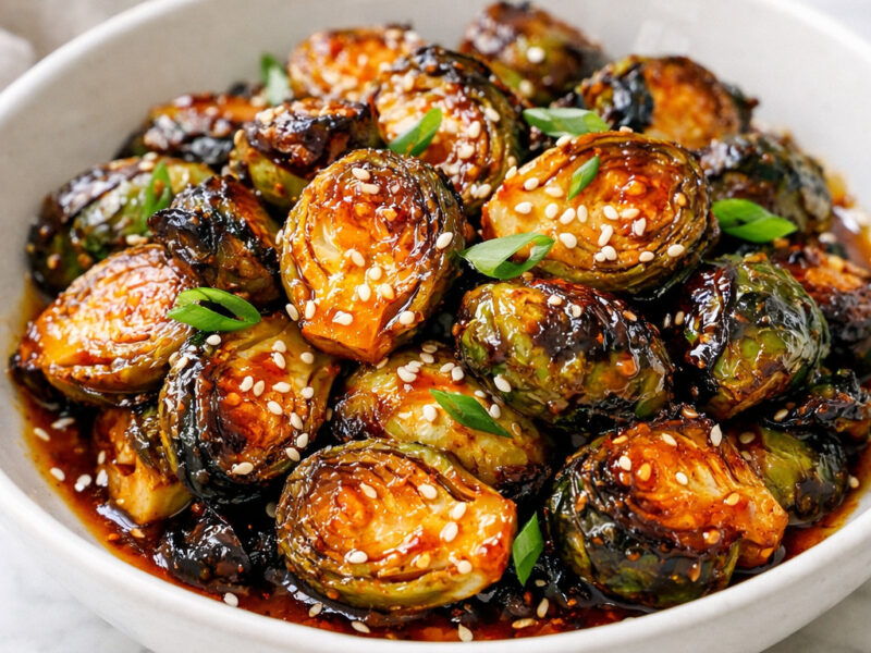 Honey sriracha Brussels sprouts in a white bowl on a marble surface