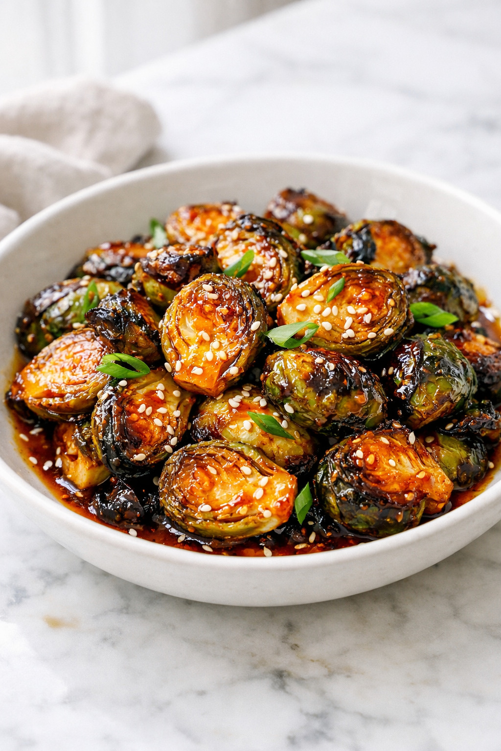 Honey sriracha Brussels sprouts in a white bowl on a marble surface