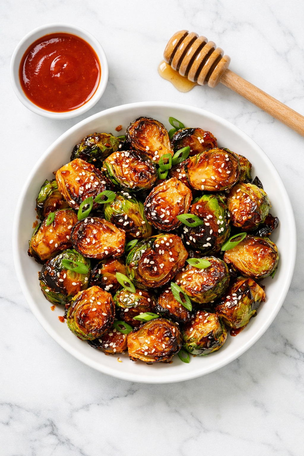 Overhead view of honey sriracha Brussels sprouts on a white plate