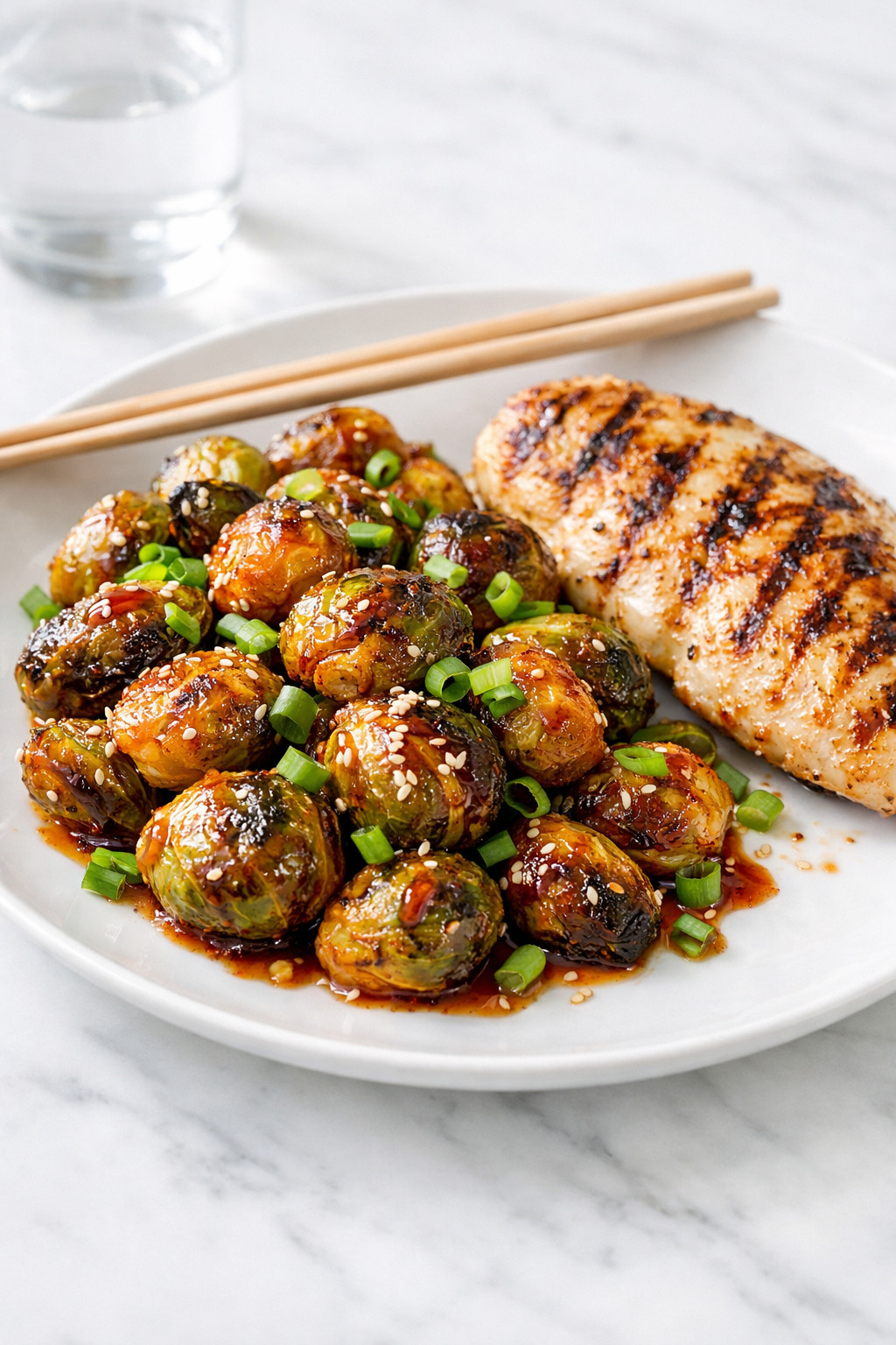 Honey sriracha Brussels sprouts served as a side dish on a white plate