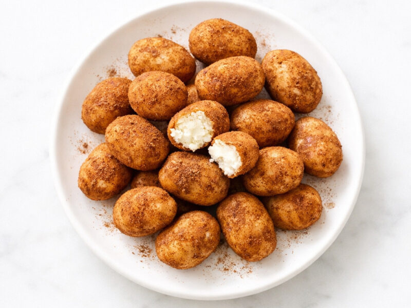 Irish Potato Candy dusted in cinnamon on white ceramic plate