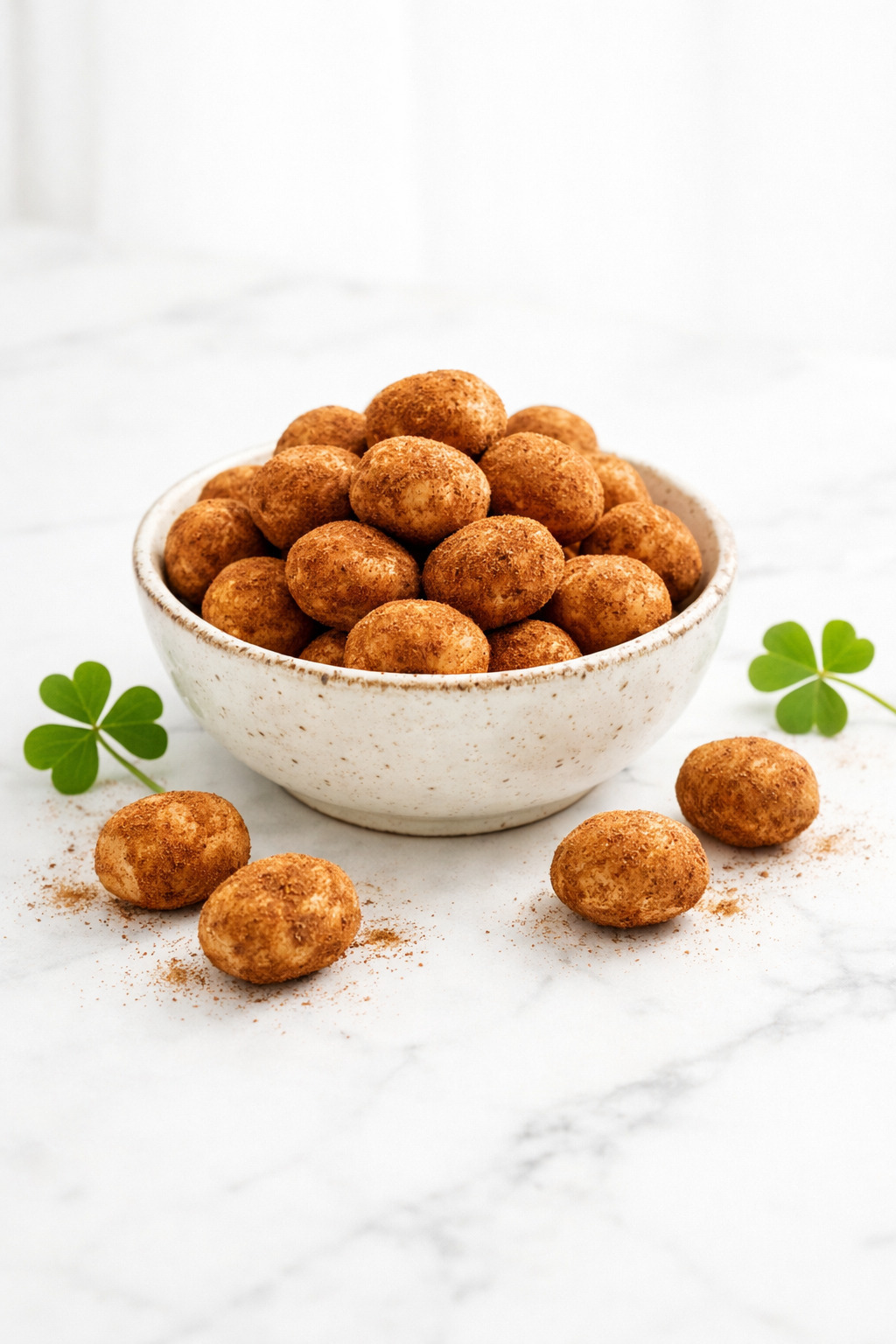 Irish Potato Candy arranged in white bowl with green shamrock leaves