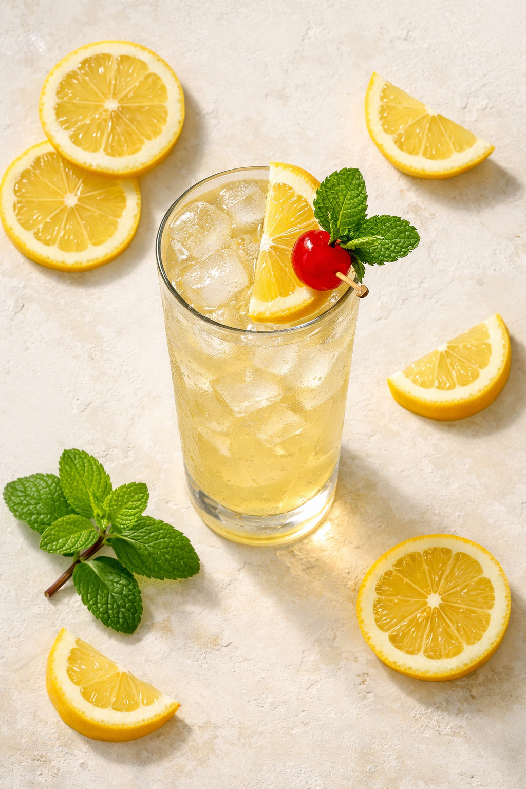Overhead view of John Collins cocktail with lemon slices and mint on off-white surface