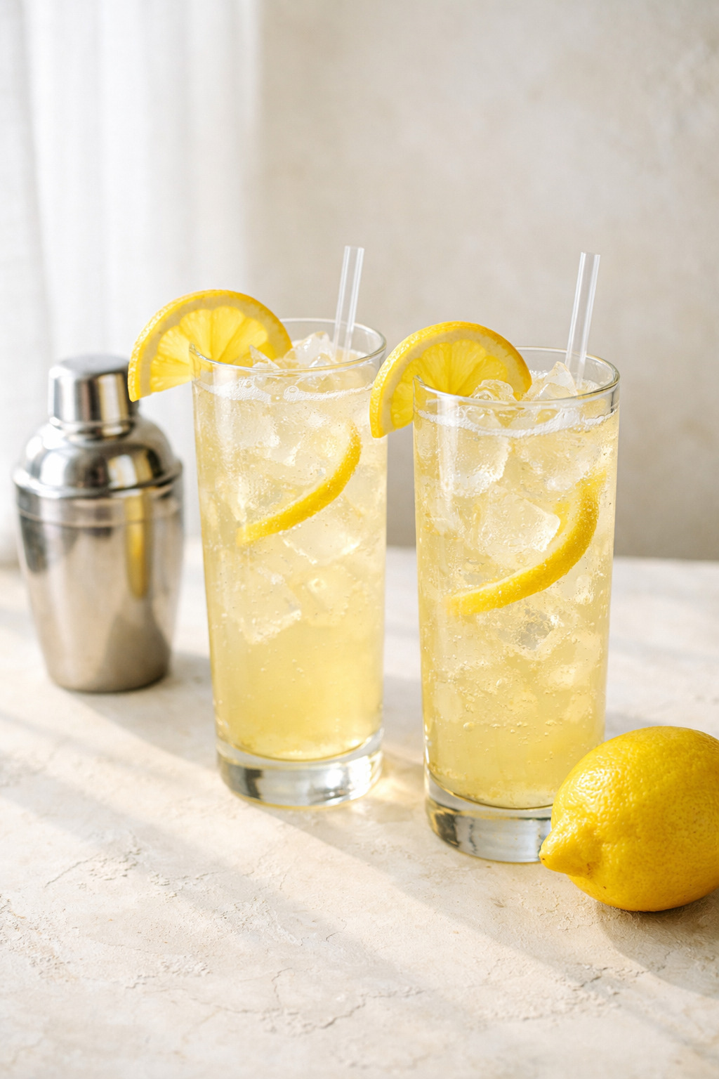 Two John Collins cocktail glasses styled with cocktail shaker and lemon on off-white surface