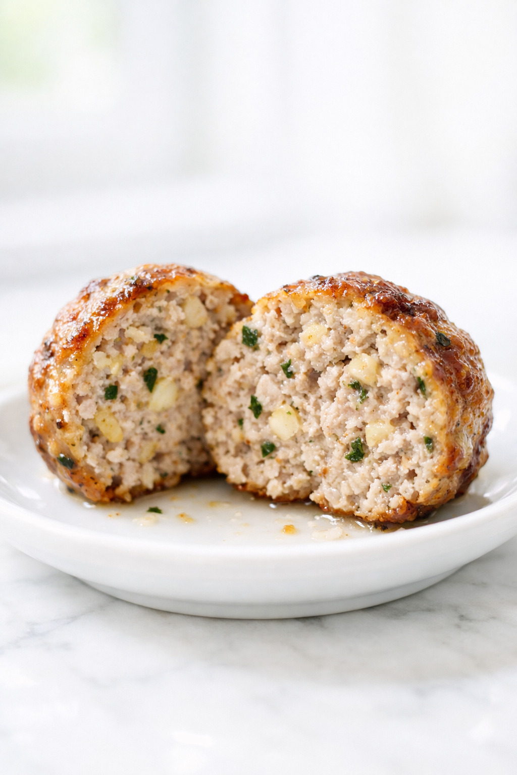 Closeup of a keto meatball cut in half showing moist tender interior