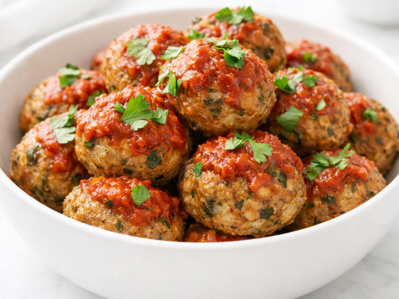 Keto meatballs in a white bowl topped with marinara sauce and fresh parsley
