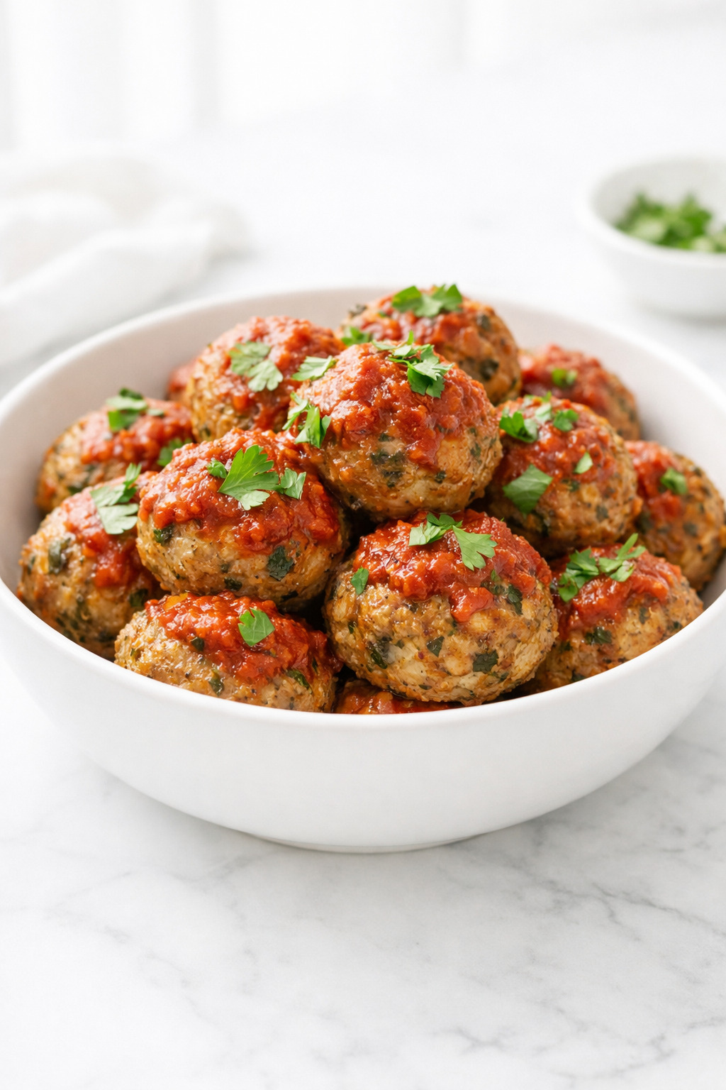 Keto meatballs in a white bowl topped with marinara sauce and fresh parsley