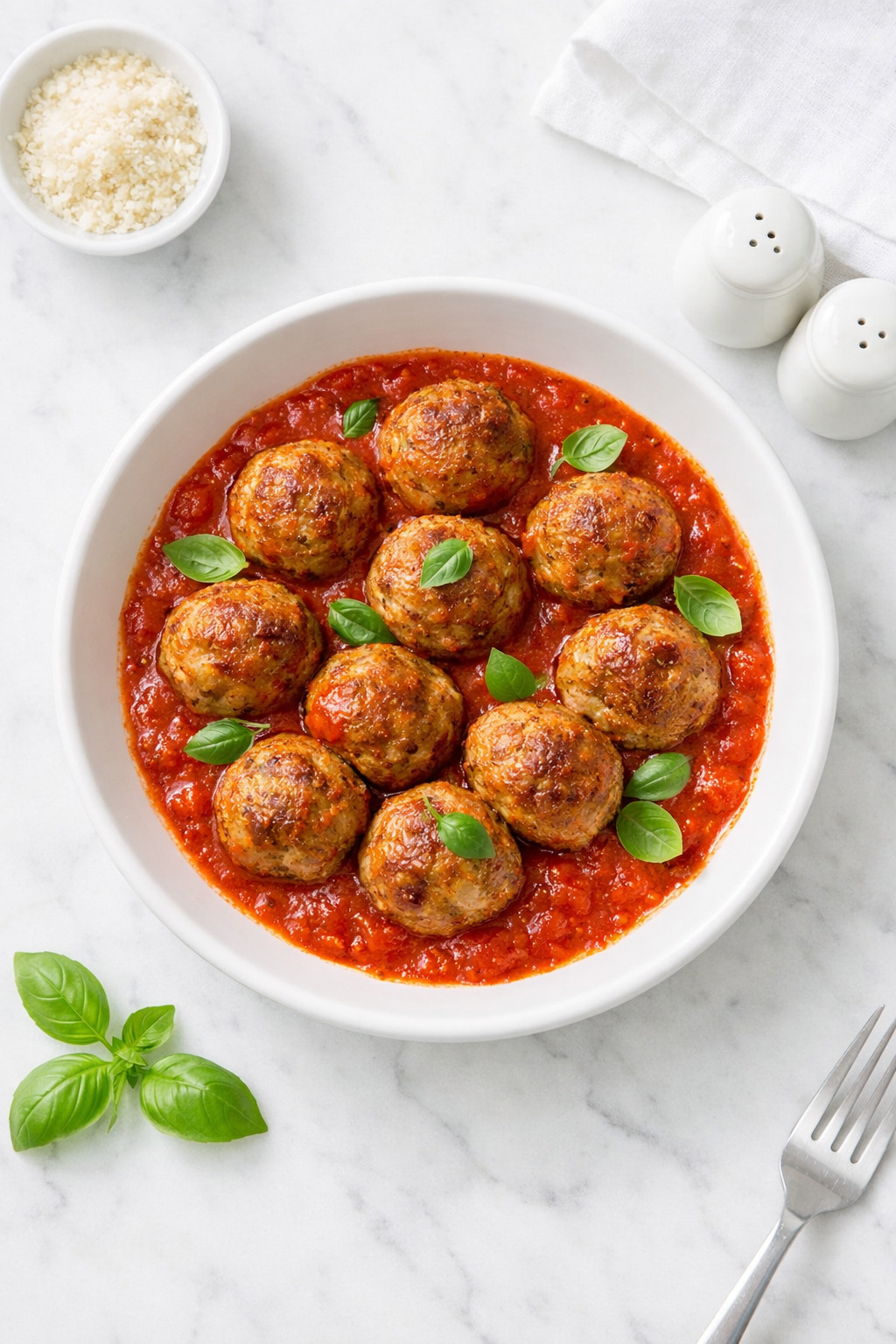Overhead view of keto meatballs in marinara sauce in a white bowl