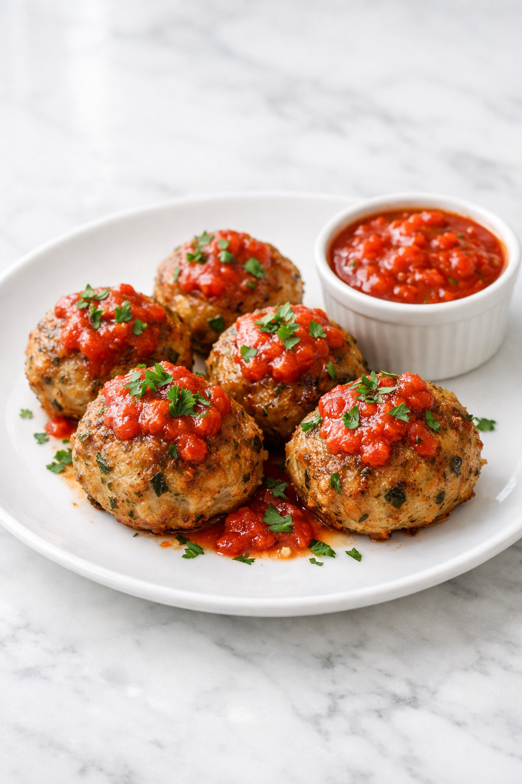 Keto meatballs served over zucchini noodles with marinara and parmesan