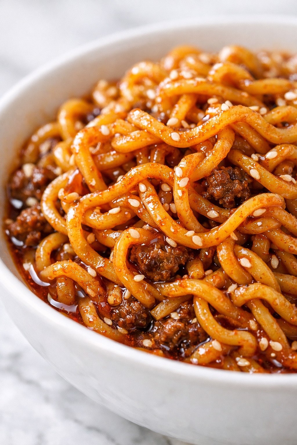 Close up of ramen noodles coated in spicy Korean gochujang sauce