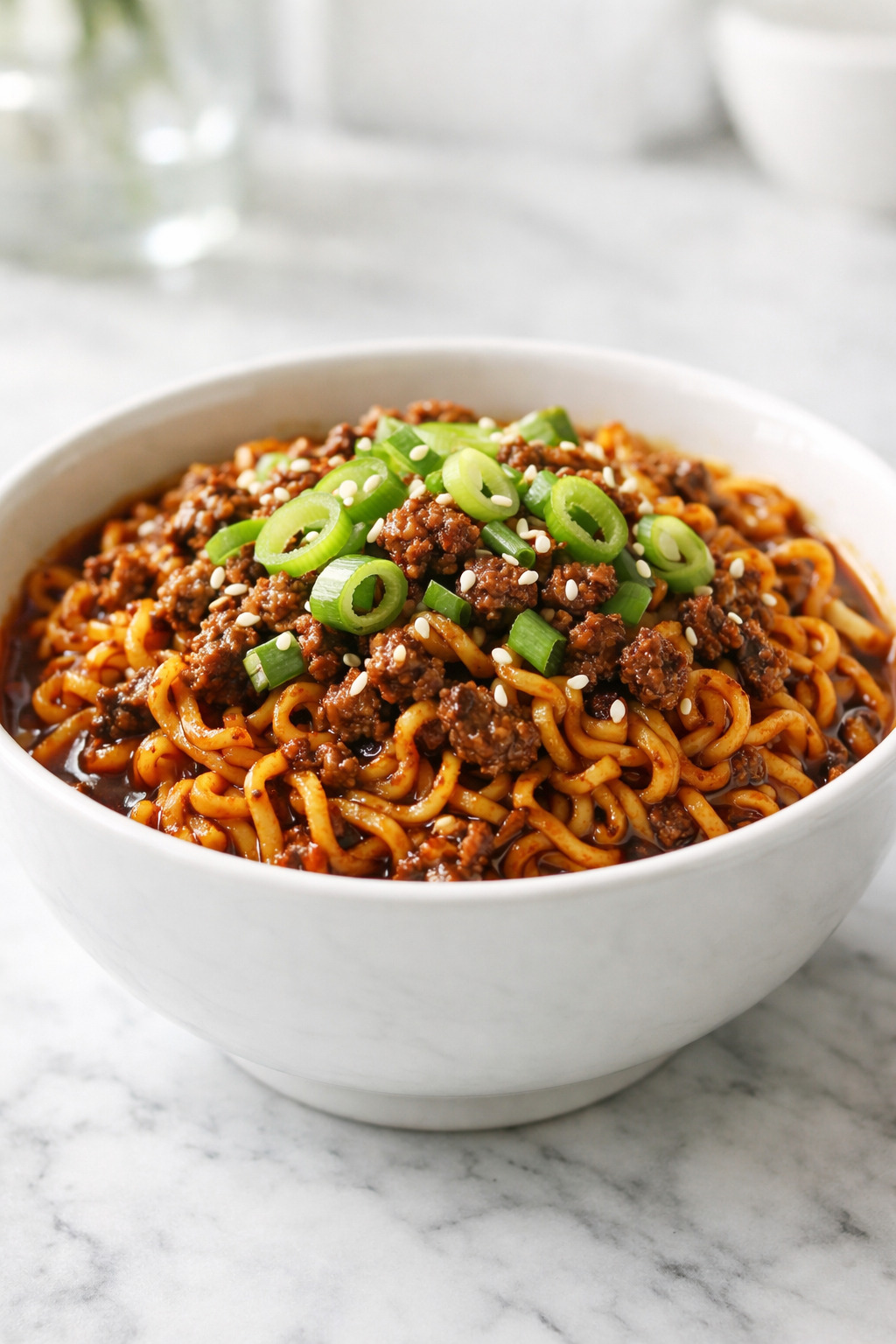 Korean style ground beef ramen in white bowl with gochujang sauce green onions and sesame seeds