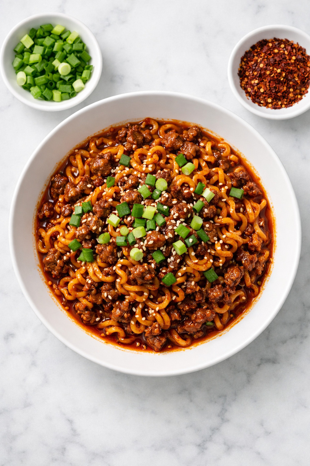 Overhead view of Korean ground beef ramen with glossy gochujang sauce