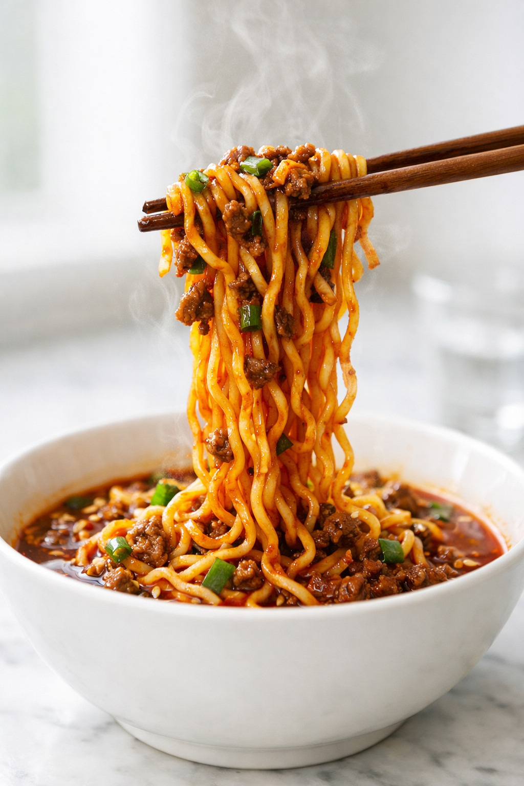 Chopsticks lifting Korean ground beef ramen noodles from white bowl