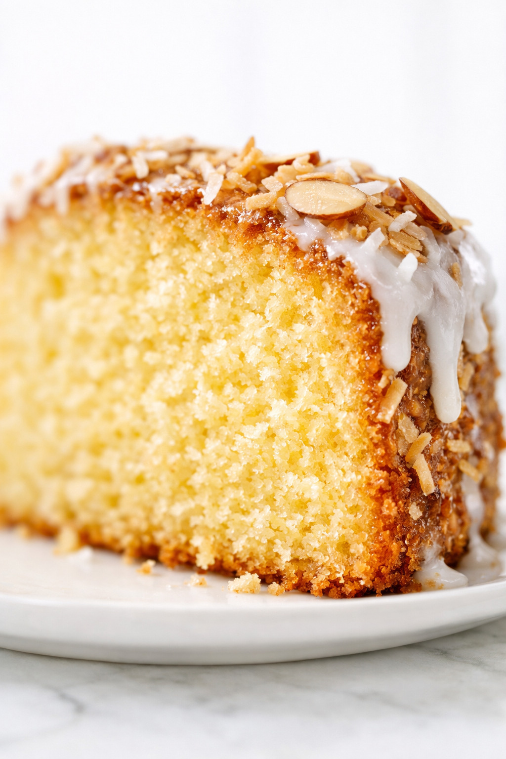 Closeup of Louisiana crunch cake slice showing moist crumb and coconut almond topping