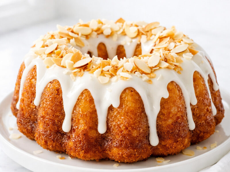 Louisiana crunch cake on a white plate with glaze and toasted coconut