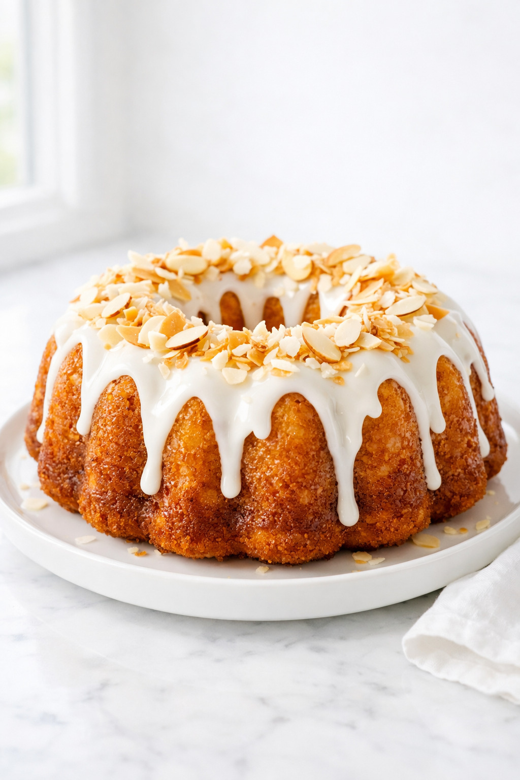 Louisiana crunch cake on a white plate with glaze and toasted coconut