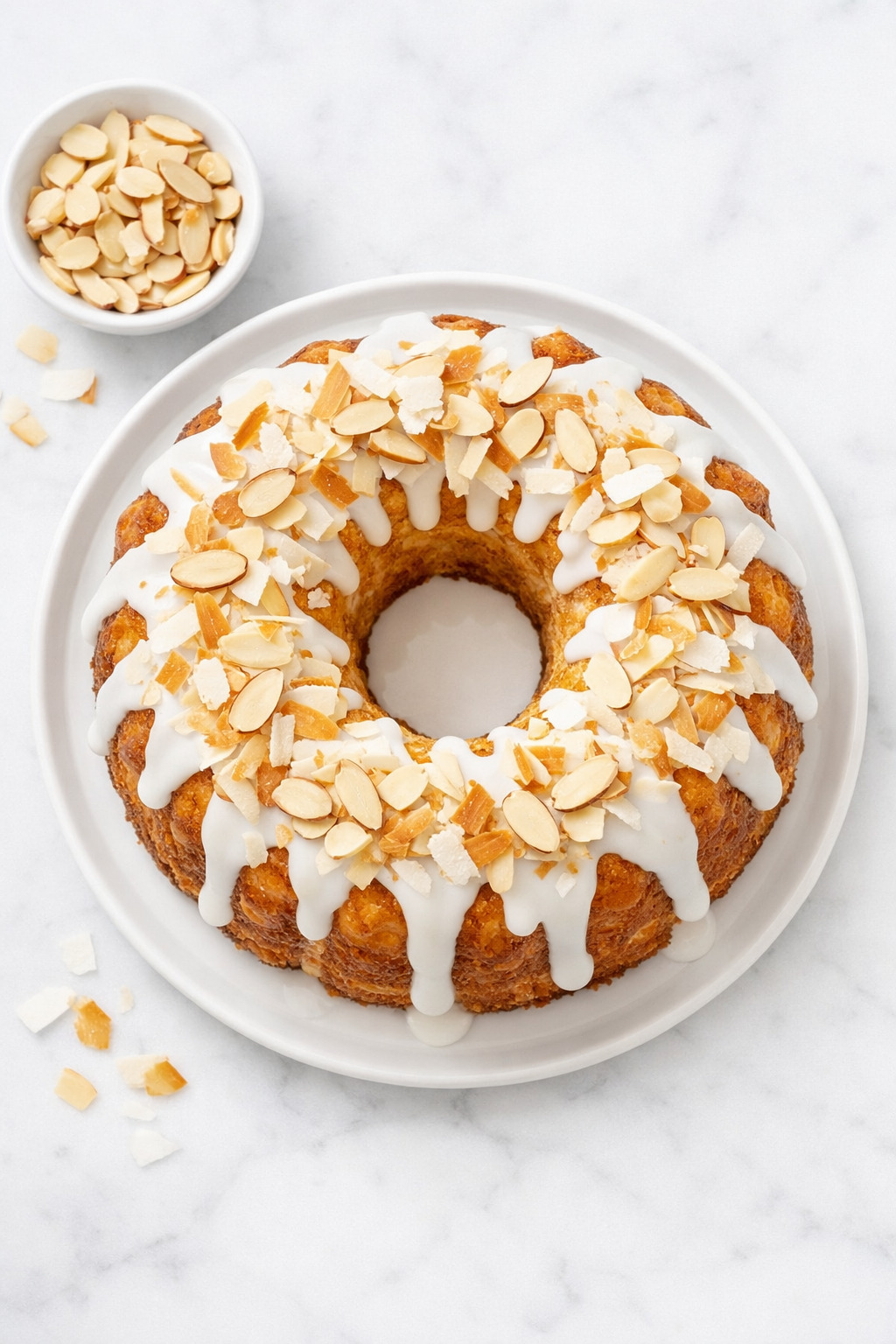 Overhead view of Louisiana crunch cake in bundt shape with glaze and almonds