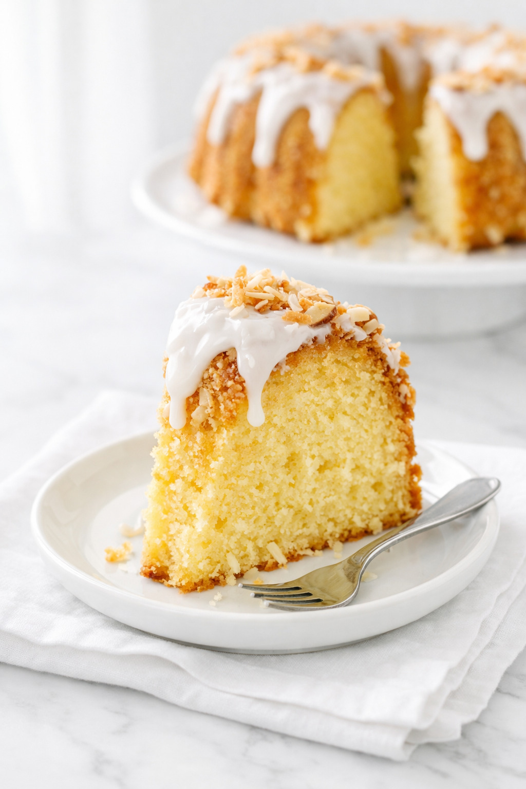 Slice of Louisiana crunch cake on a white plate with glaze dripping down