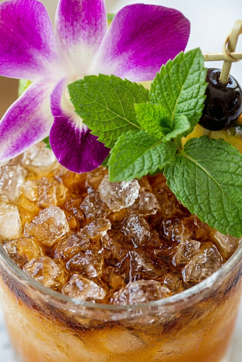 Close-up of Mai Tai showing layered amber-orange rum through crushed ice with mint garnish