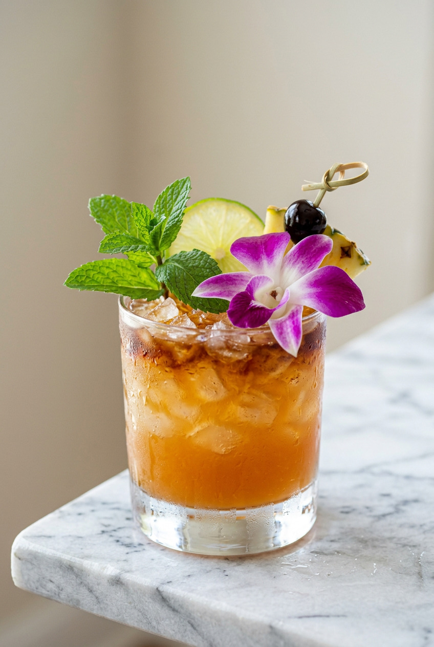 Mai Tai cocktail with crushed ice, fresh mint, and lime wheel in a rocks glass