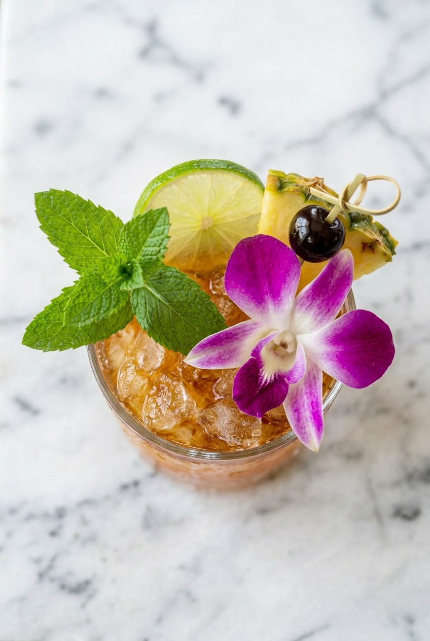 Overhead view of a Mai Tai with crushed ice, mint, lime wheel, and orgeat syrup bottle
