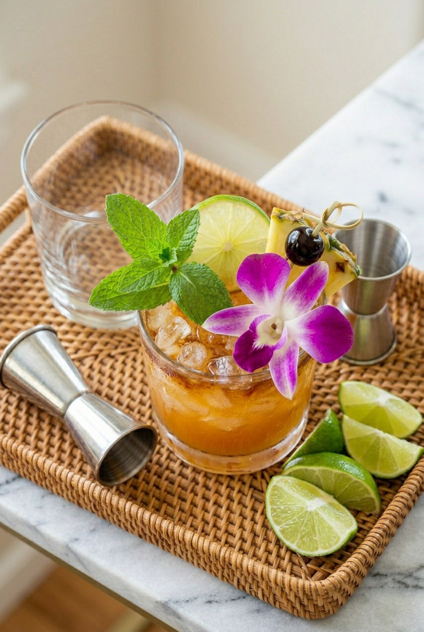 Two Mai Tai cocktails side by side with mint, citrus garnish, and a plate of lime wedges