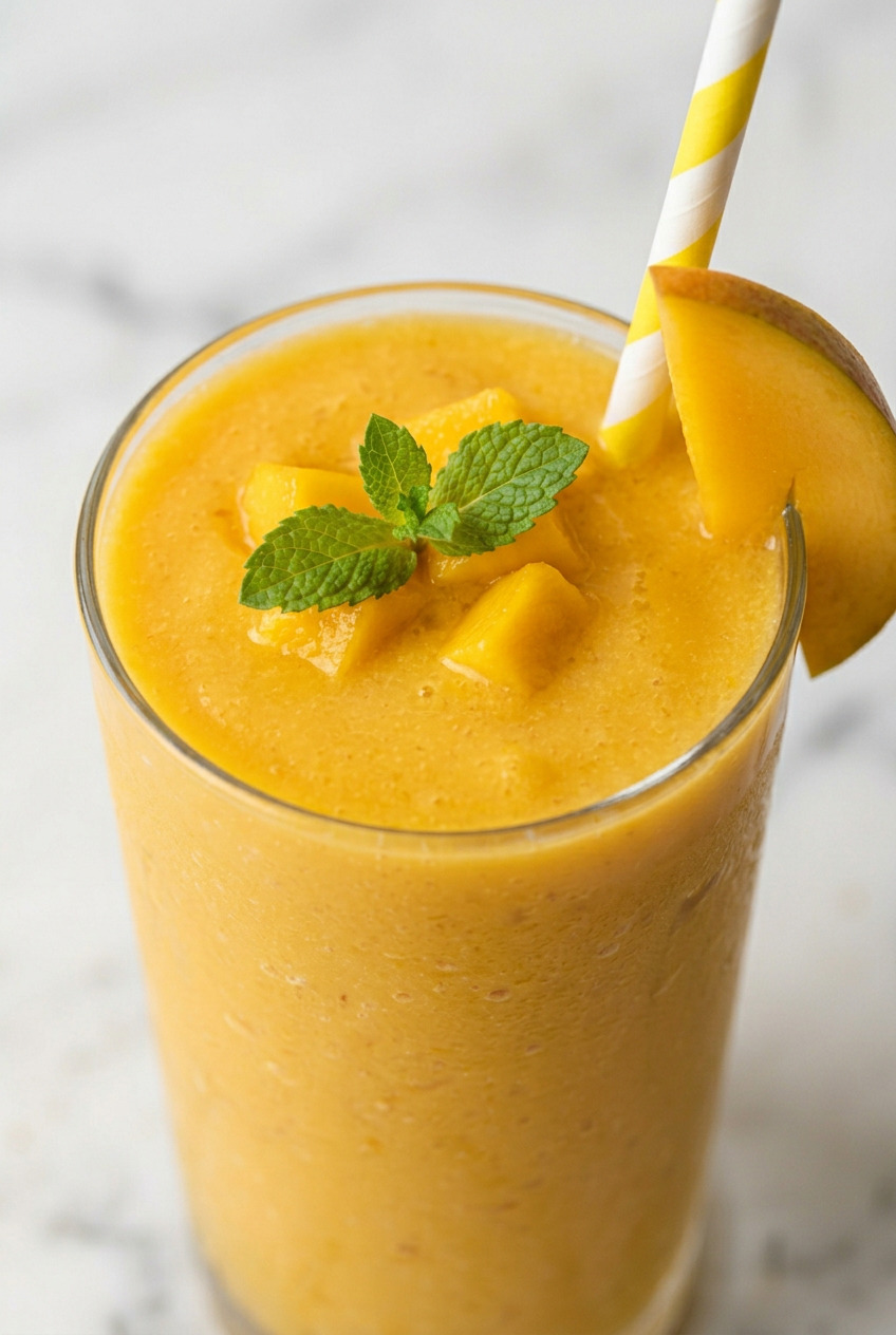 Thick creamy mango smoothie in a tall clear glass with fresh mango slice garnish on white marble surface