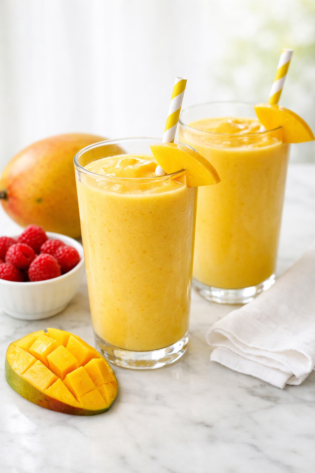 Two mango smoothies in tall glasses styled with fresh mango and raspberries