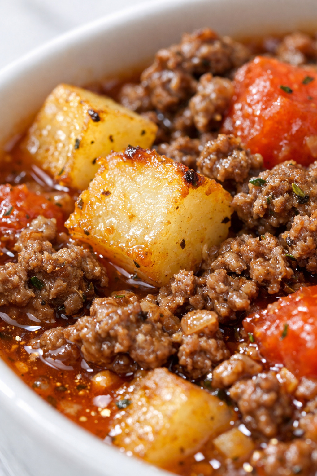 Close-up of Mexican picadillo showing potato cubes and ground beef in tomato sauce
