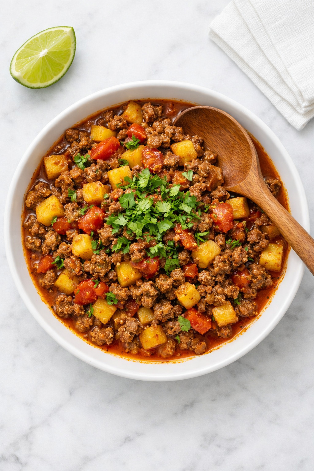 Overhead view of Mexican picadillo showing diced potatoes and seasoned ground beef