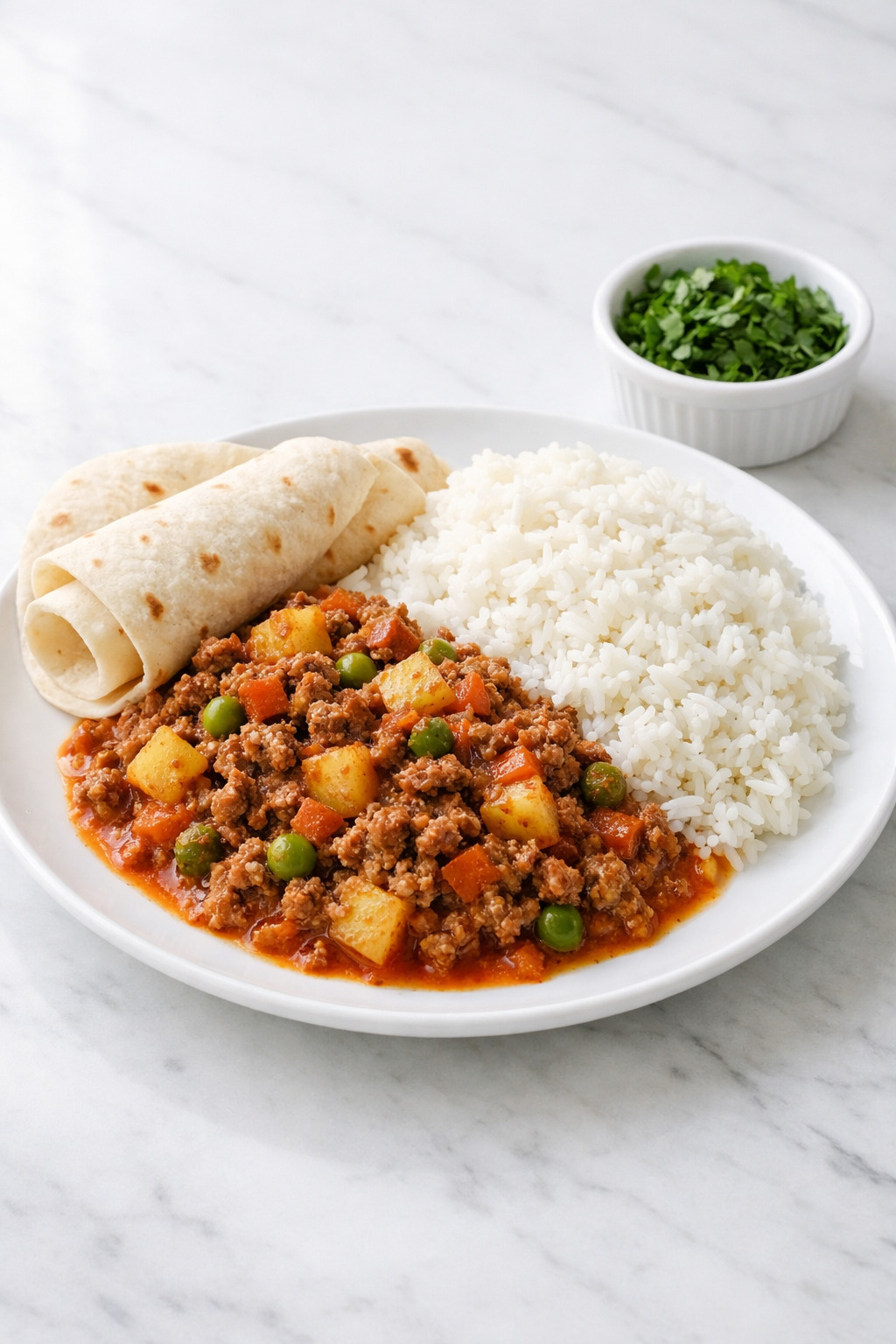 Mexican picadillo served with white rice and flour tortillas on a white plate