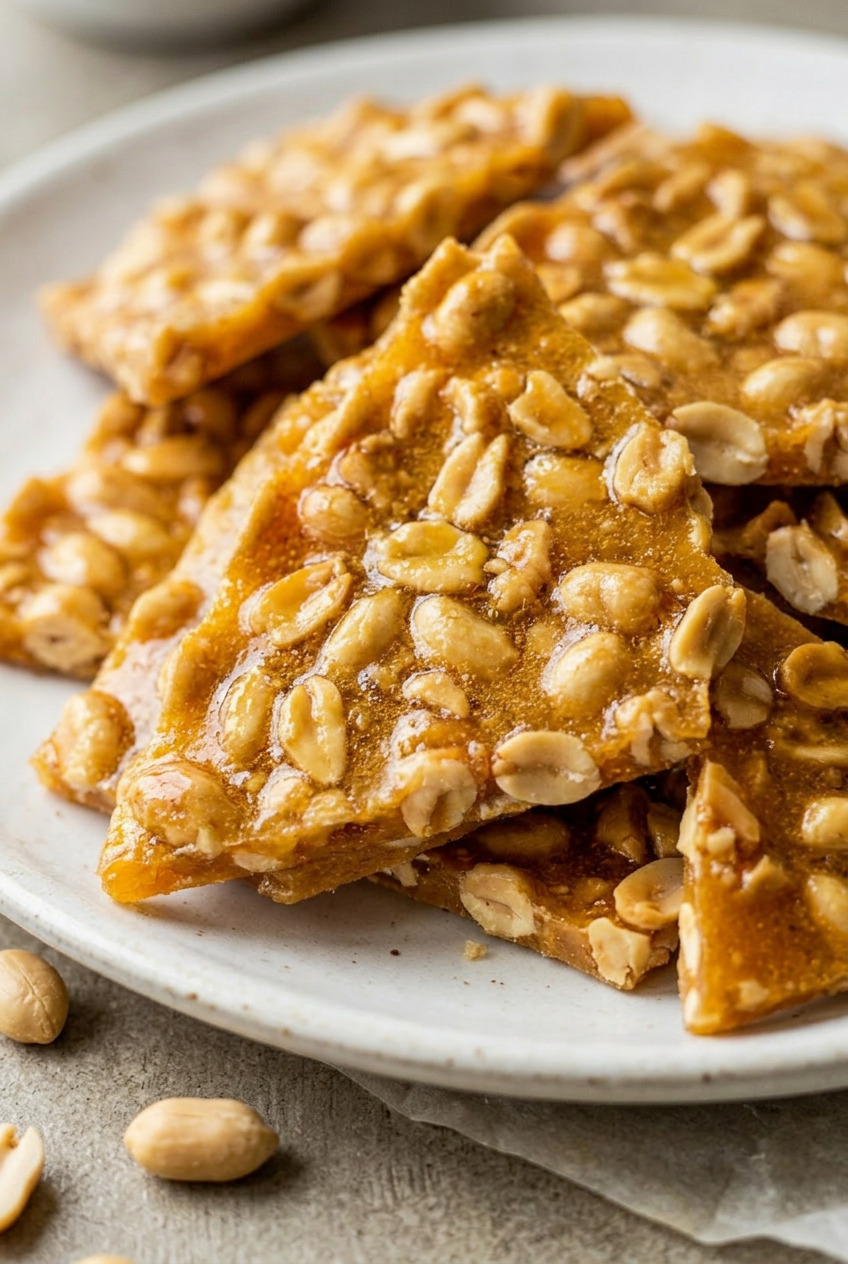 Close-up view of peanut brittle showing golden caramelized sugar texture with air bubbles and roasted peanuts