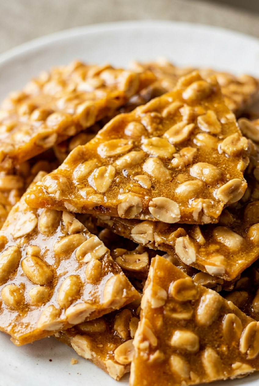 Golden shards of microwave peanut brittle loaded with roasted peanuts on a white ceramic plate