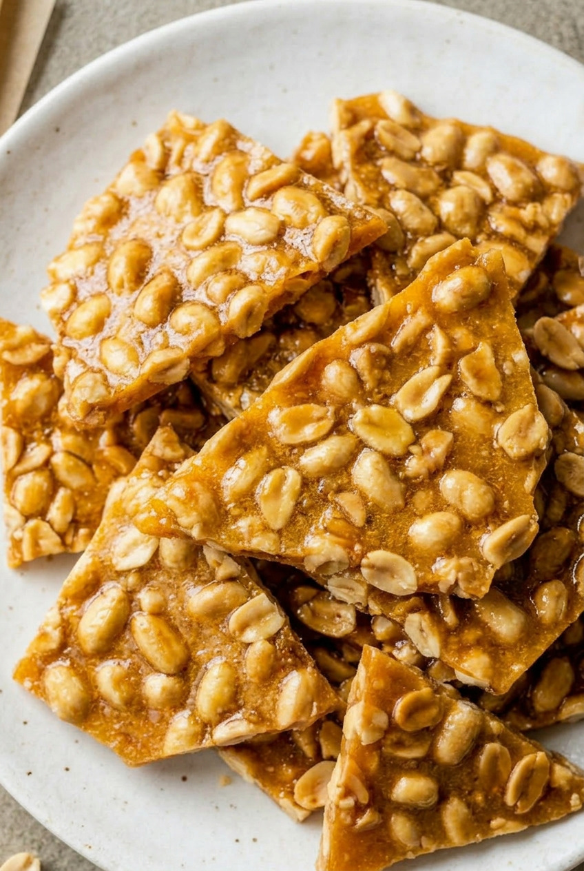 Overhead view of broken peanut brittle shards spread across a white marble surface