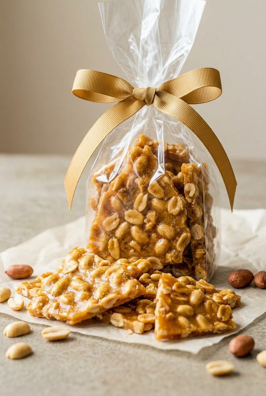 Peanut brittle pieces in a cellophane gift bag with loose shards on parchment paper