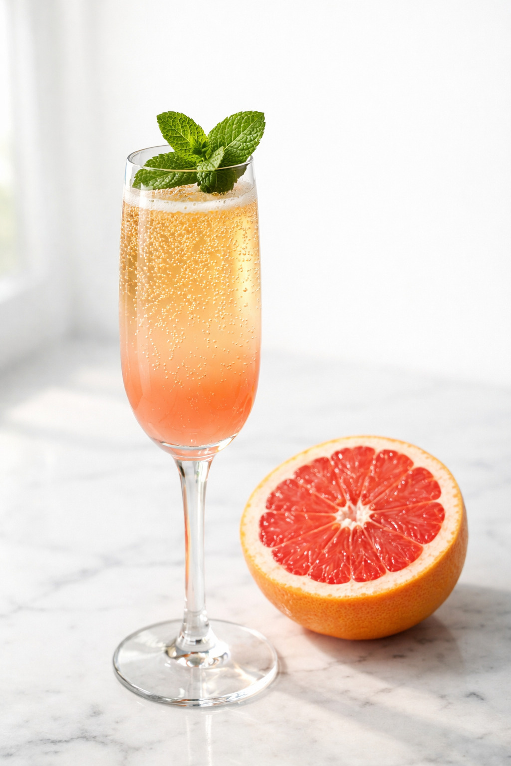 Mint grapefruit mimosa in a champagne flute with fresh mint garnish