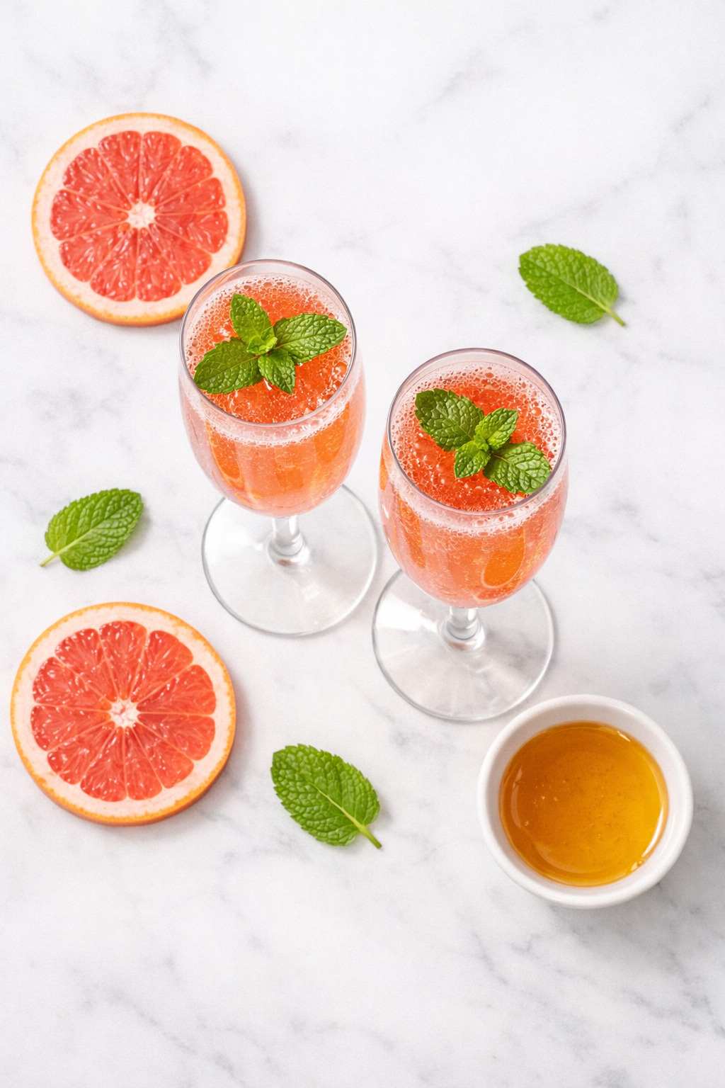 Two mint grapefruit mimosas from above with grapefruit slices and mint leaves