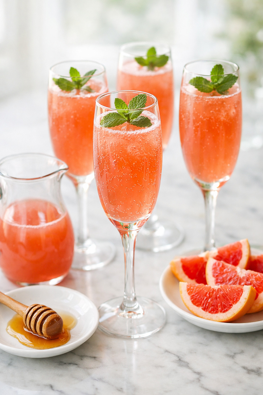 Four mint grapefruit mimosas served for brunch with grapefruit wedges