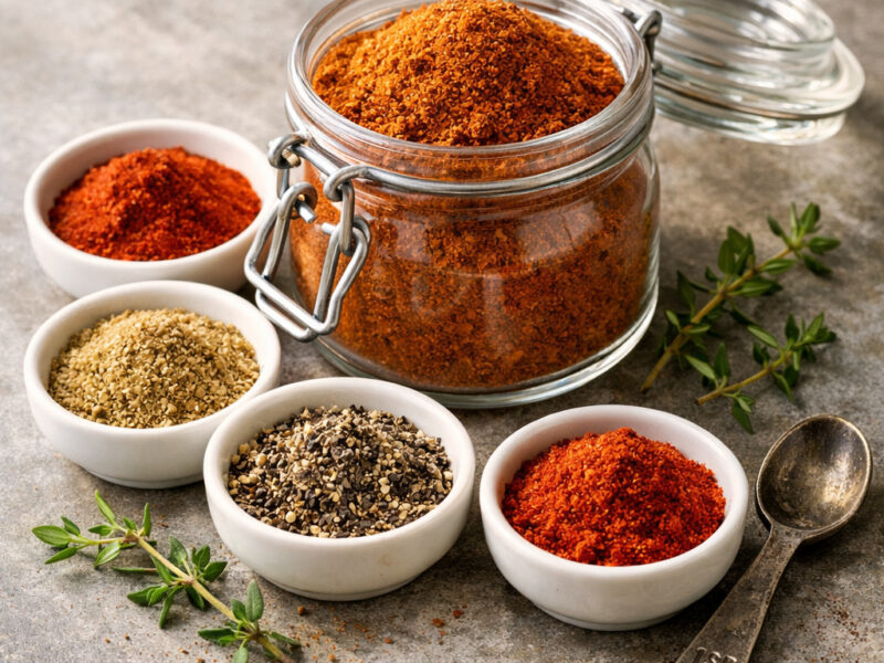 Homemade Old Bay Seasoning blend in a small glass jar on brushed concrete with spice bowls