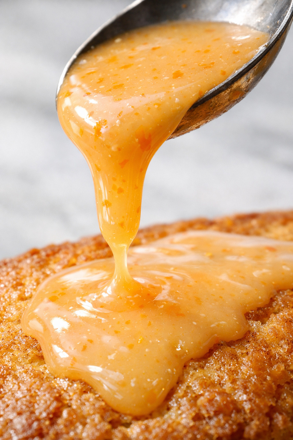 Close-up of orange glaze icing being drizzled from a spoon showing glossy texture