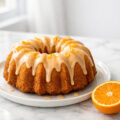 Orange glaze icing drizzled over a golden bundt cake on a white plate