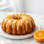 Orange glaze icing drizzled over a golden bundt cake on a white plate