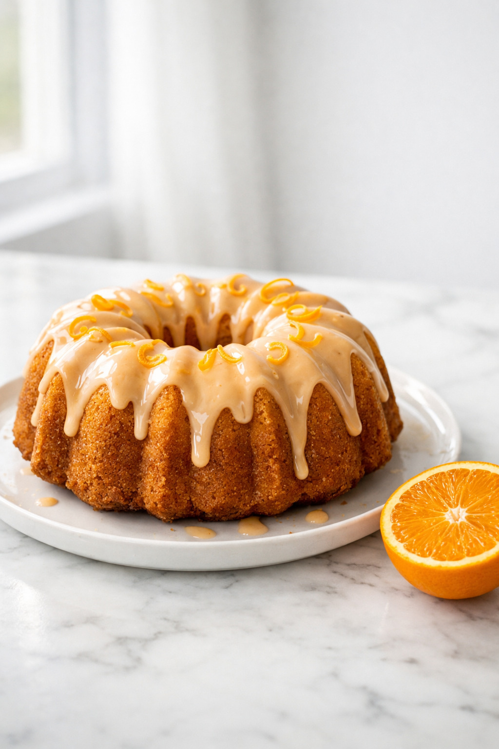Orange glaze icing drizzled over a golden bundt cake on a white plate