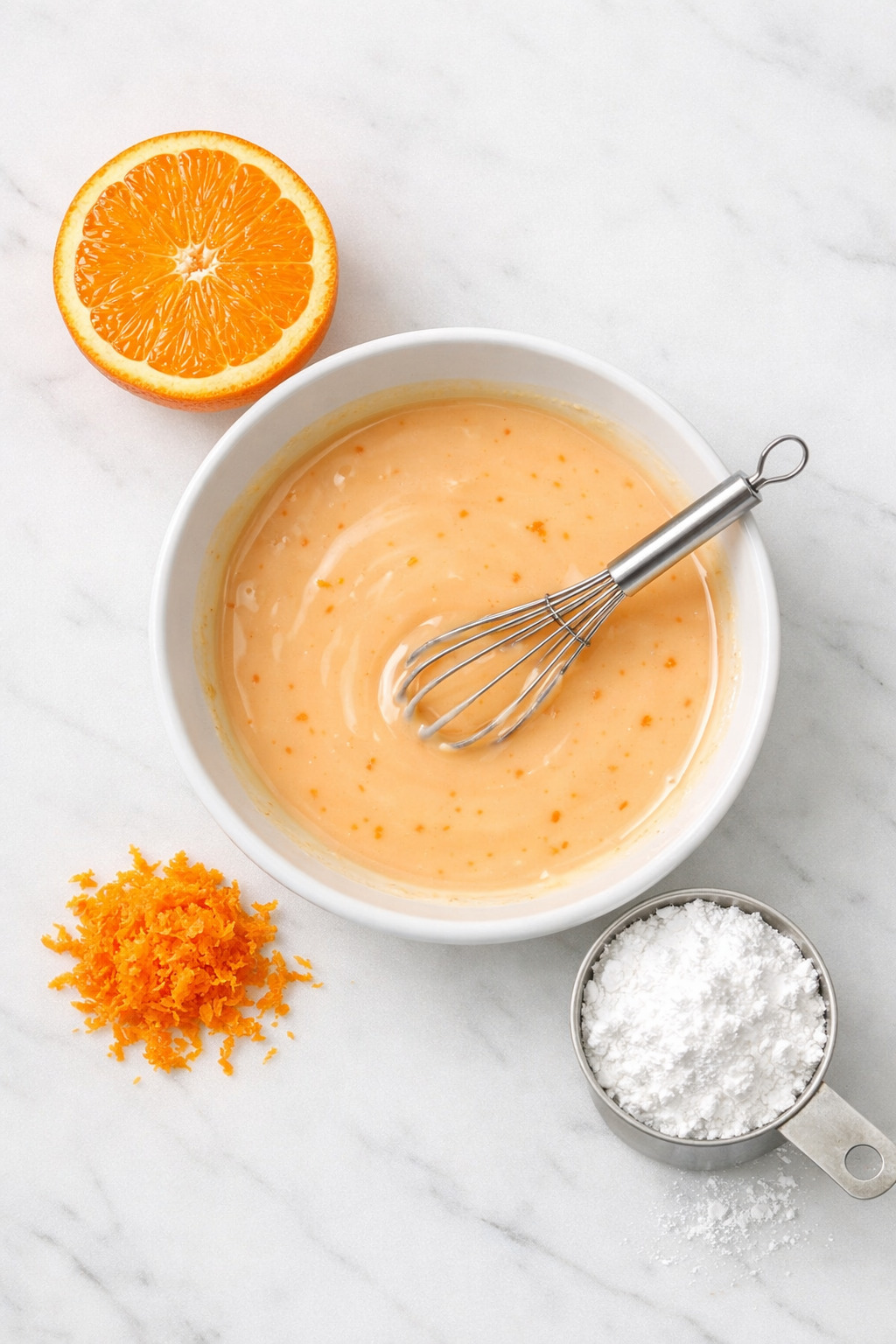Overhead view of orange glaze icing in a white bowl with whisk, orange zest, and powdered sugar on marble surface