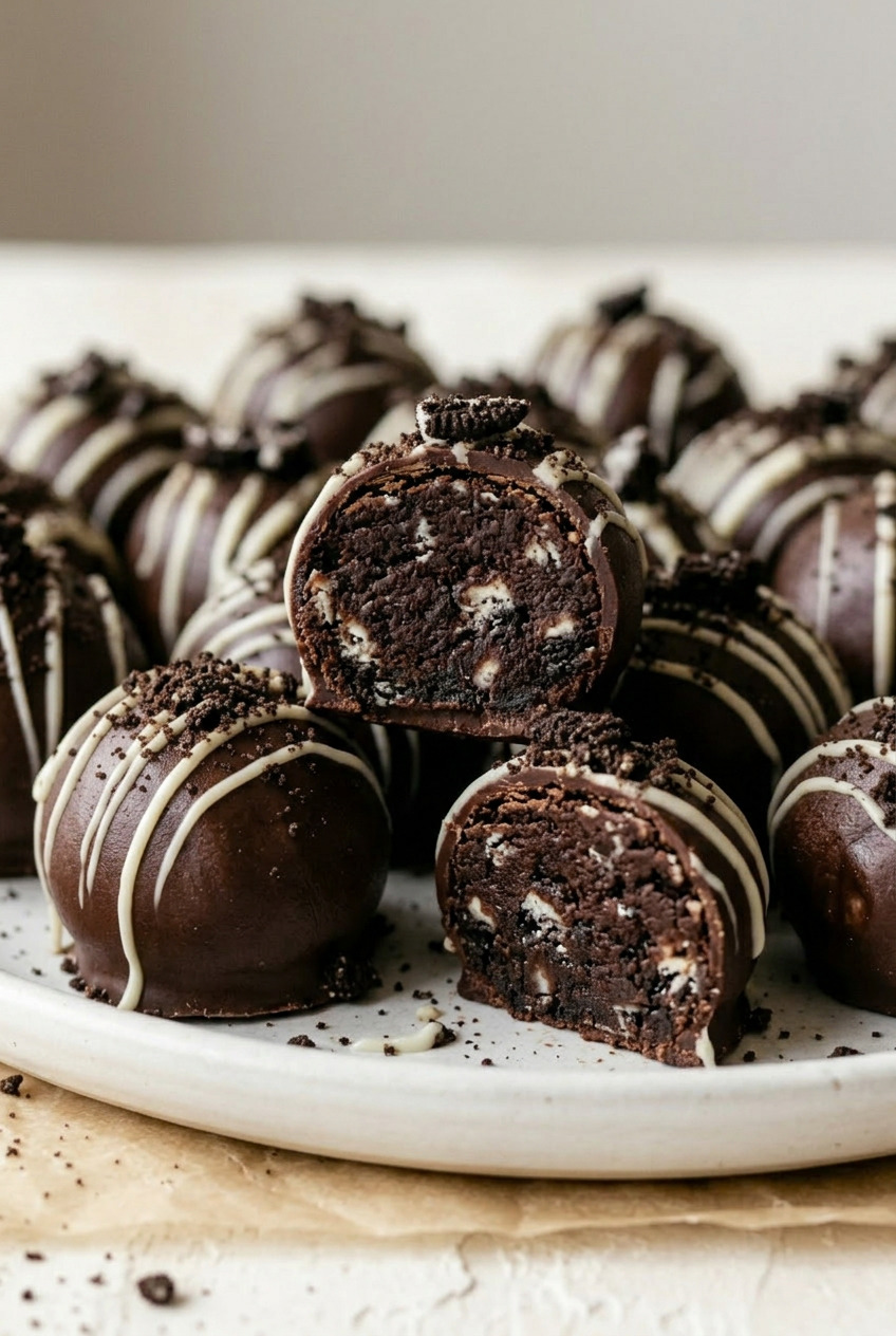 Close-up of Oreo Cookie Ball cut in half showing the dark Oreo crumb filling
