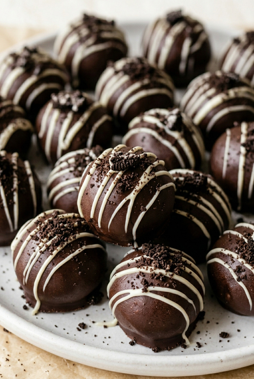 Oreo Cookie Balls on a white plate with chocolate coating and white chocolate drizzle