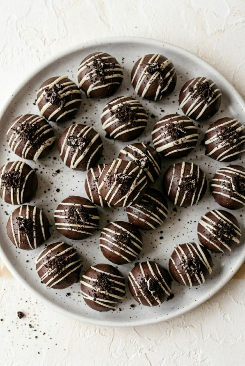 Overhead view of Oreo Cookie Balls arranged on a white plate